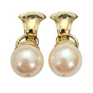 Gold Tone Clip On Earrings Faux Pearl Ball Jacket Dangles, Designer Style